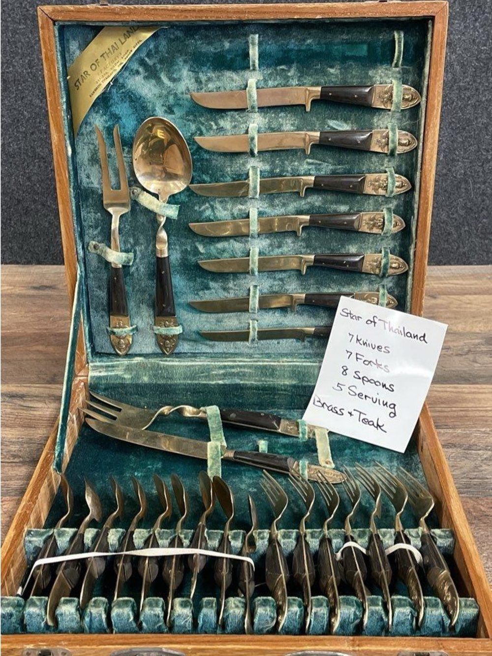 Vintage Siam Star of Thailand Brass and Teakwood Flatware, 27 piece set in case